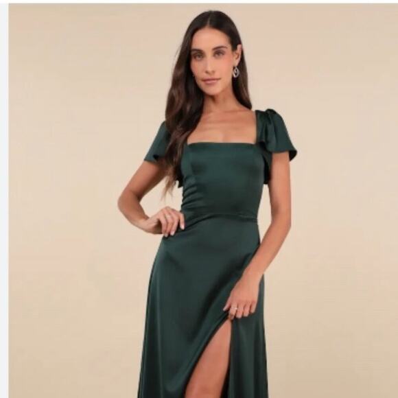 Lulus Ultimate Sweetness Emerald Green Satin Flutter Sleeve Maxi Dress - Size M - Picture 4 of 5